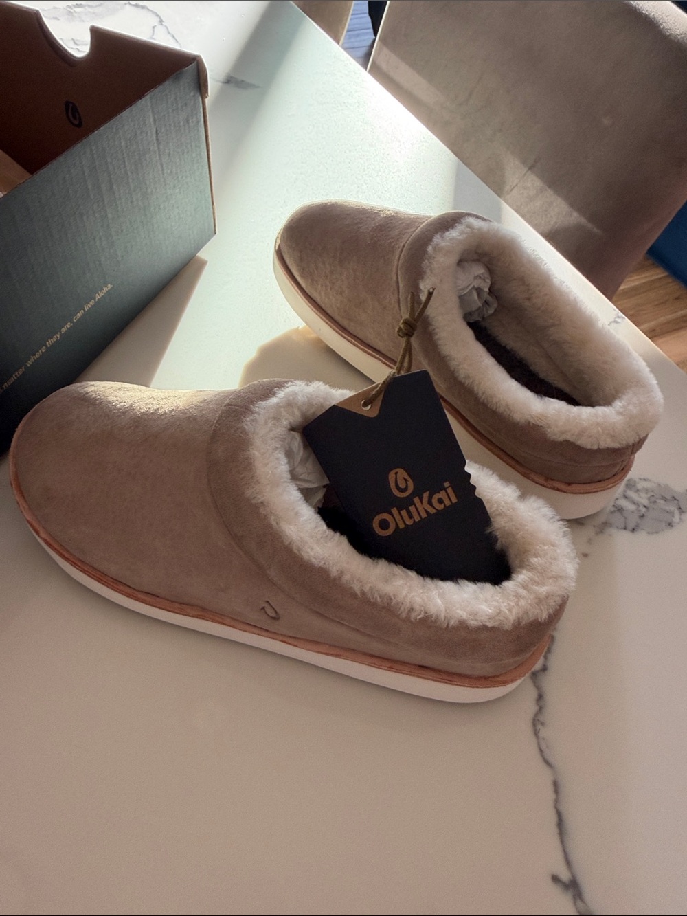 OluKai Taupe Shearling-Lined Slip-On Clogs